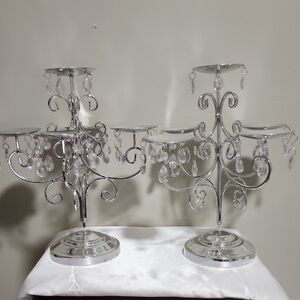 Elegant Silver Tone Candelabra Set With Faux Crystals
